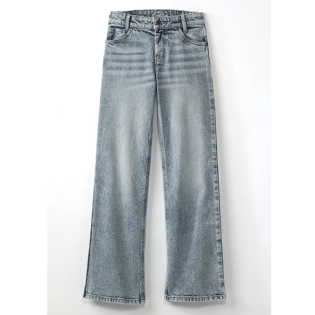 Front view of light stonewash wide leg jeans on white background.