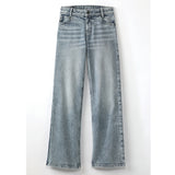 Front view of light stonewash wide leg jeans on white background.