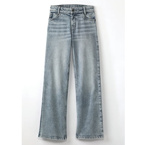 Front view of light stonewash wide leg jeans on white background.