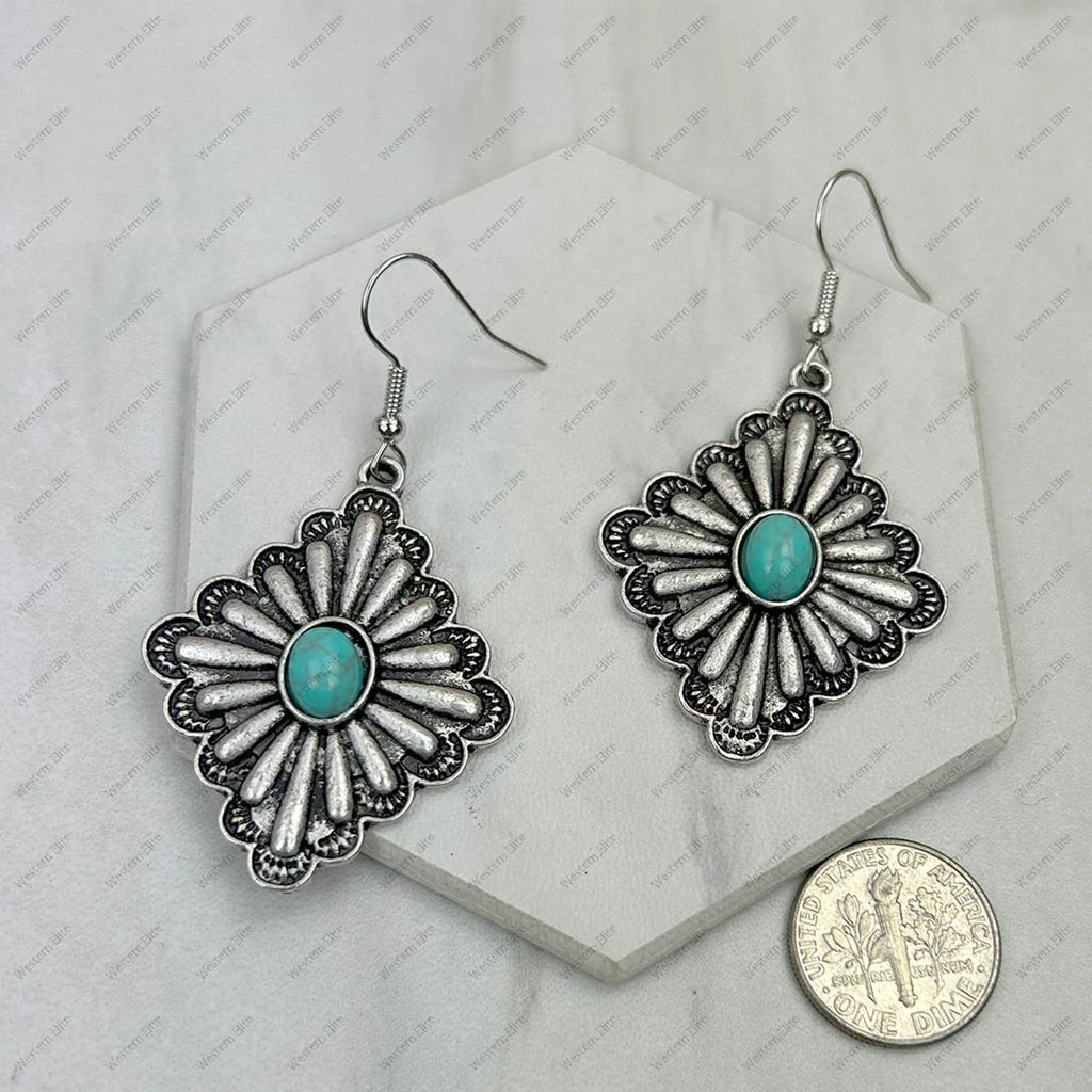 Diamond Shaped Silver Concho & Turquoise Stone Earrings