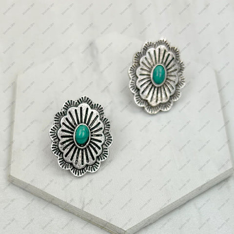 Close up view of Small Silver & Green Oval Concho Earrings 