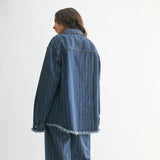 Women's Striped Denim Jacket With Raw Edge Hem Back View