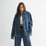 Women's Striped Denim Jacket With Raw Edge Hem