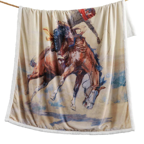 Sherpa Throw Featuring a Wrangling Cowboy and His Horse Leaping Against a Blue Sky