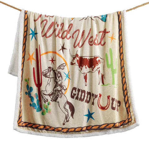Sherpa Throw Featuring Western Motifs of Wrangling Cowboys, Desert Plants and Texas Longhorns 