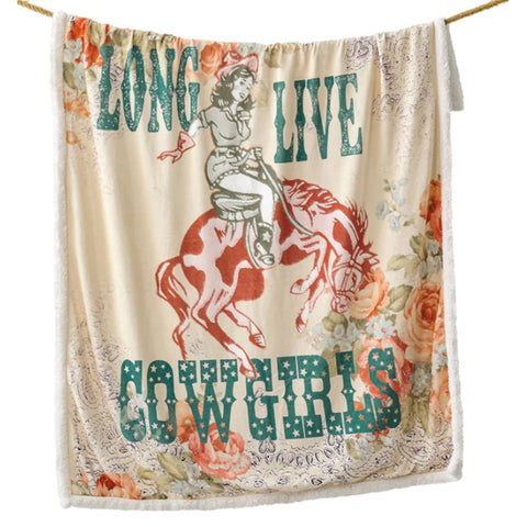 Sherpa Throw Featuring a Cowgirl on a Bucking Horse with a Backdrop of Rosy Pastel Florals