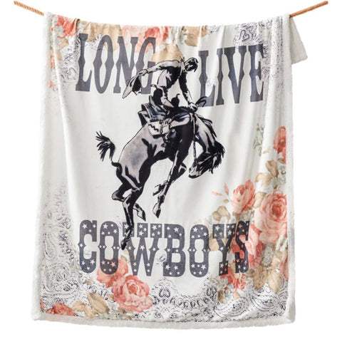 Sherpa Throw Featuring a Cowboy on a Bucking Horse with a Backdrop of Rosy Pastel Florals