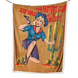 Sherpa throw featuring a retro-style illustration of a legendary gunslinger in action, with the rallying cry "The fastest gun in the West!"