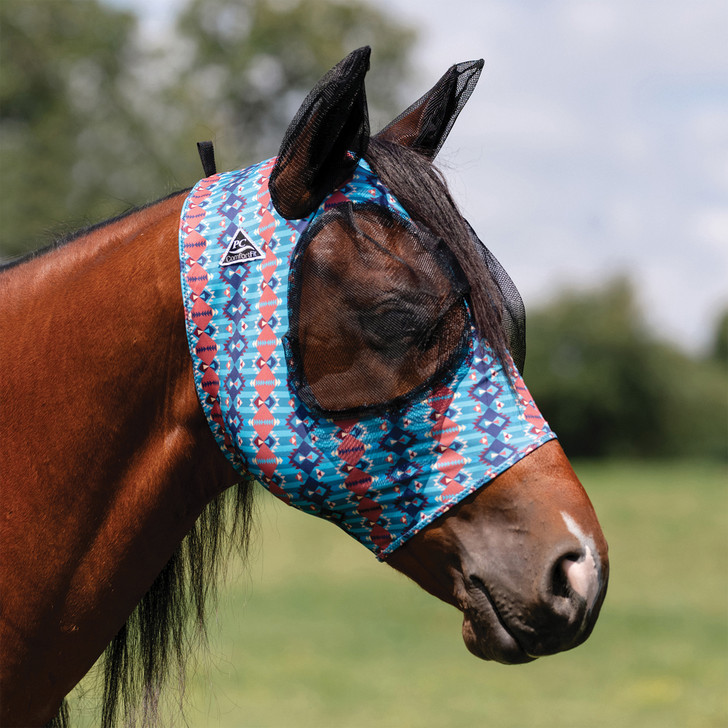 blue and red aztec fly mask with ears