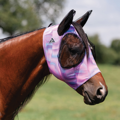 pink and blue geo print fly mask with ears