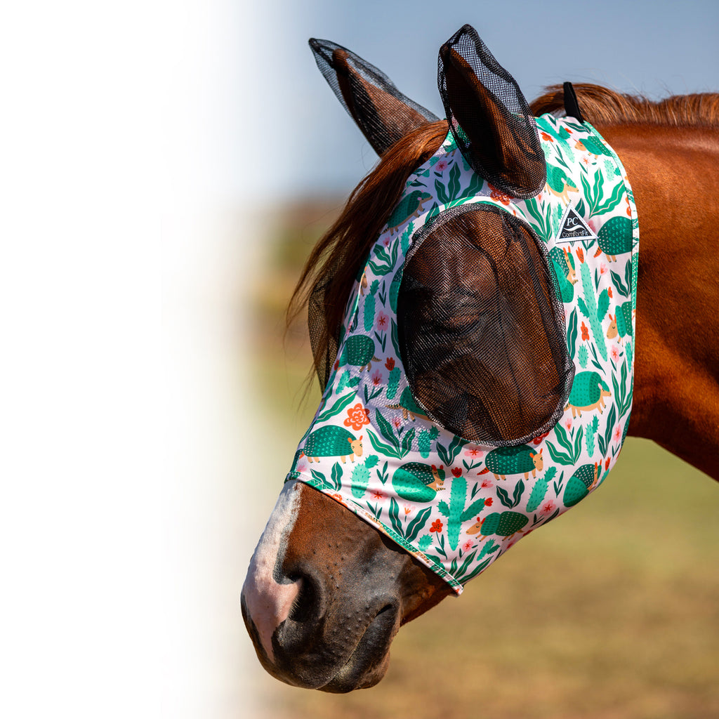 Professionals Choice Comfort Fit Fly Mask With Armadillos On It