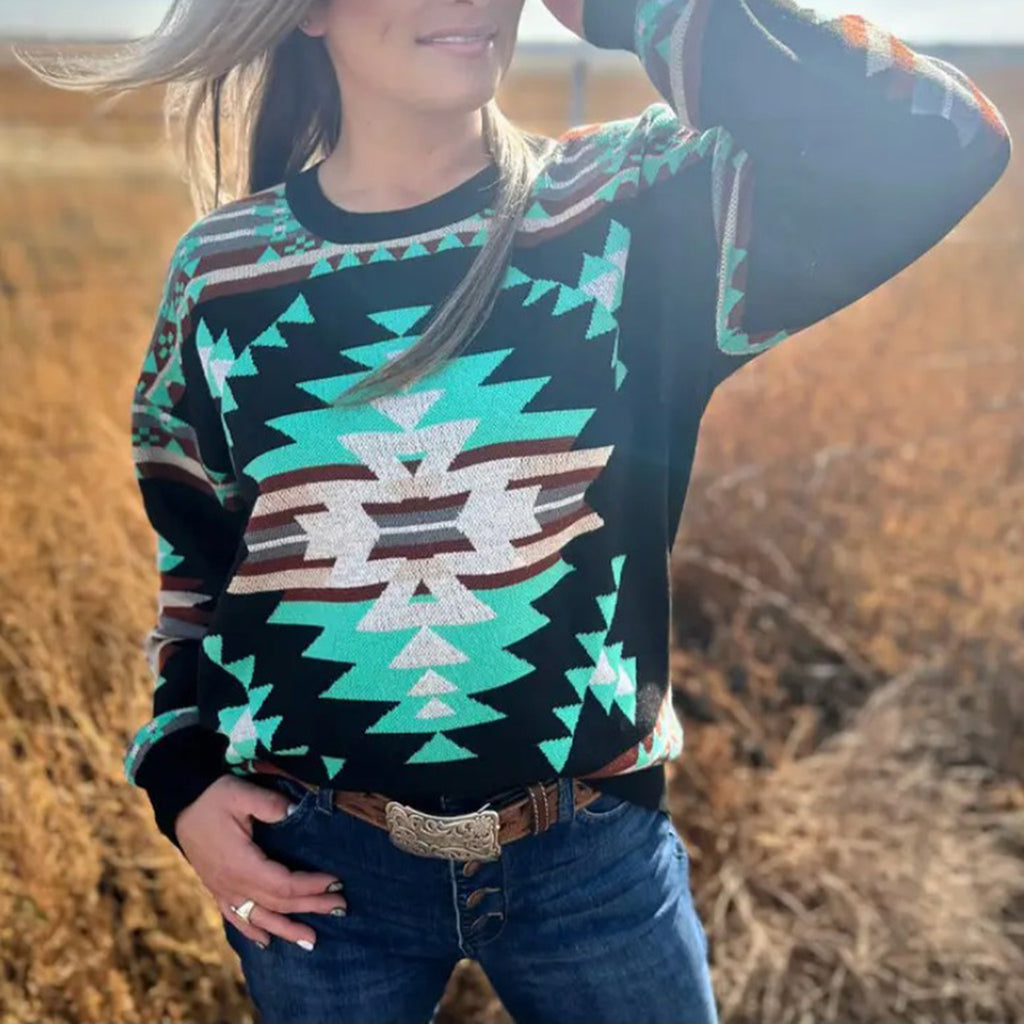 Sterling Kreek City Nights Black Knit Sweater with a Turquoise/Black and Brown Aztec Design