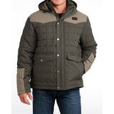 Front view of the barn coat, buttons, pockets, zipper, cinch patch 