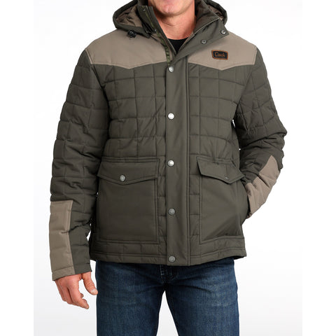 Front view of the barn coat, buttons, pockets, zipper, cinch patch 