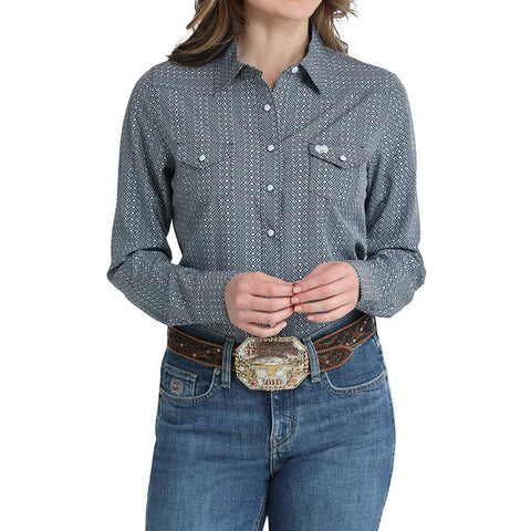 Long Sleeve pearl snap, blue print, double chest pockets 
