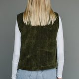 women's zip up green corduroy vest back view