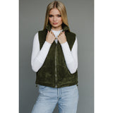 women's zip up green corduroy vest zipped up view