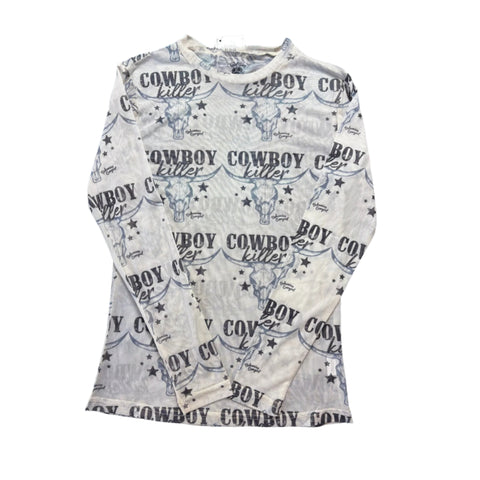 Cream Colored Cowboy Killer Mesh Shirt with Bull Skulls
