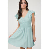 MINT V NECK SHIRRED WAIST RUFFLE SLEEVE MINI DRESS