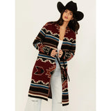 Southwestern Print Long Concho Cardigan