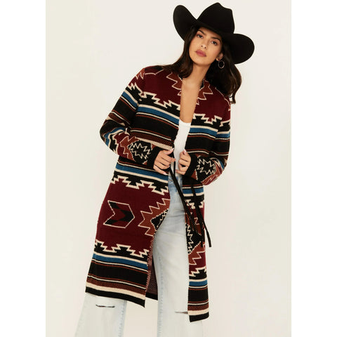 Southwestern Print Long Concho Cardigan