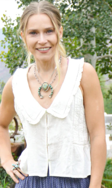 Cotton & Rye Ivory Embroidered Collar Sleeveless Women's Top