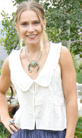 Cotton & Rye Ivory Embroidered Collar Sleeveless Women's Top