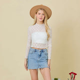 White Mesh Long Sleeve Top with Bow Design