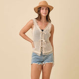 Crochet Vest Top With Front Tie Straps And Edge Lace Trim