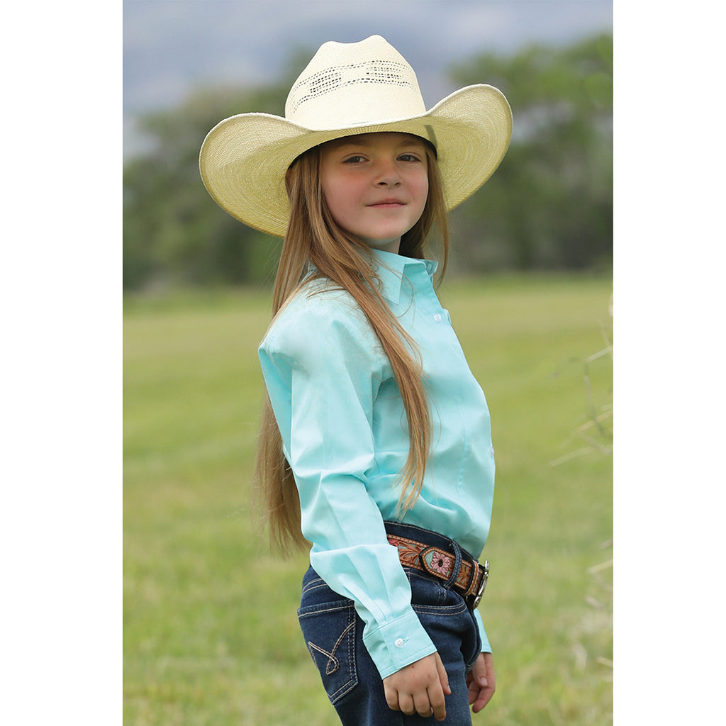 Turquoise long sleeve kids shirt.