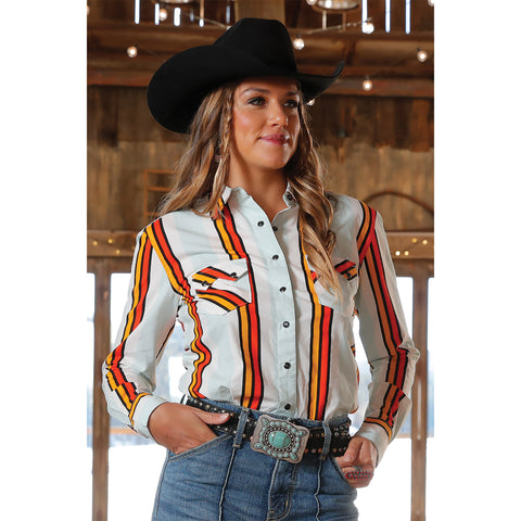 Light Blue Retro Striped Long Sleeve Snap Shirt with Two Chest Pockets