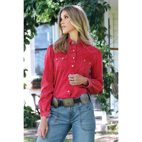 Solid Red Western Style Long Sleeve Shirt