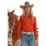 Cinch women's rust colored pearl snap with white boot stitching on shoulderes.