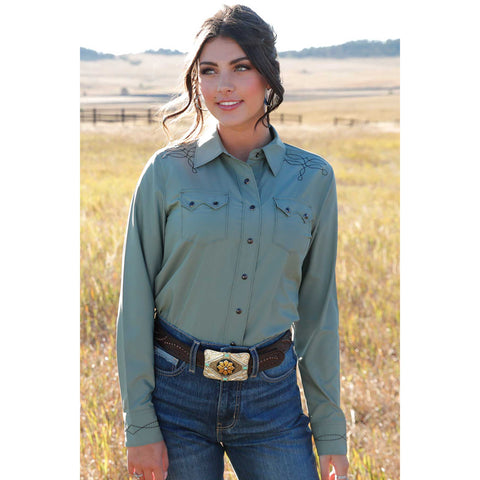 WOMEN'S SAGE BOOT STITCH EMBROIDERED LONG SLEEVE SHIRT