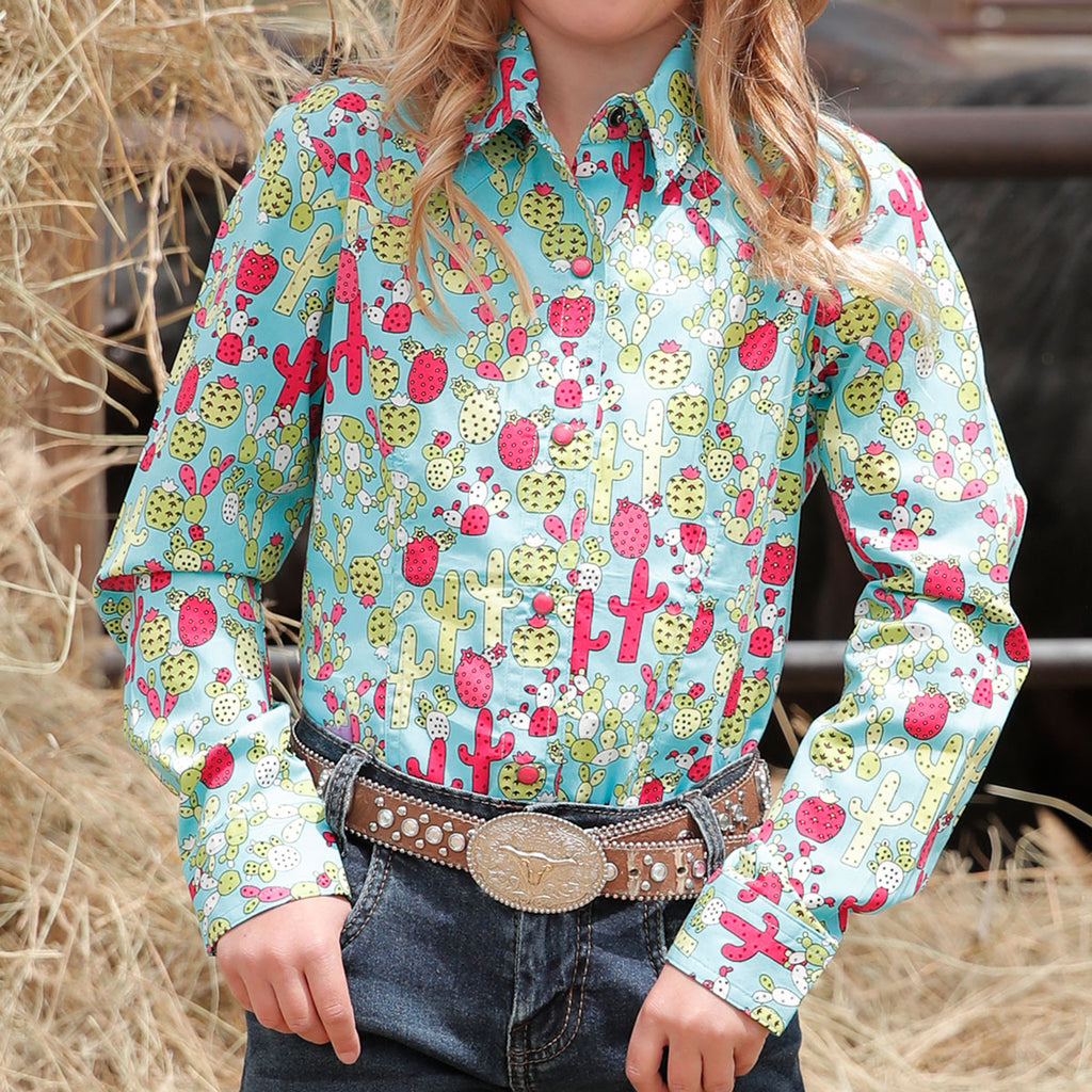 Cruel Girl Turquoise Cactus Print Long Sleeve Shirt