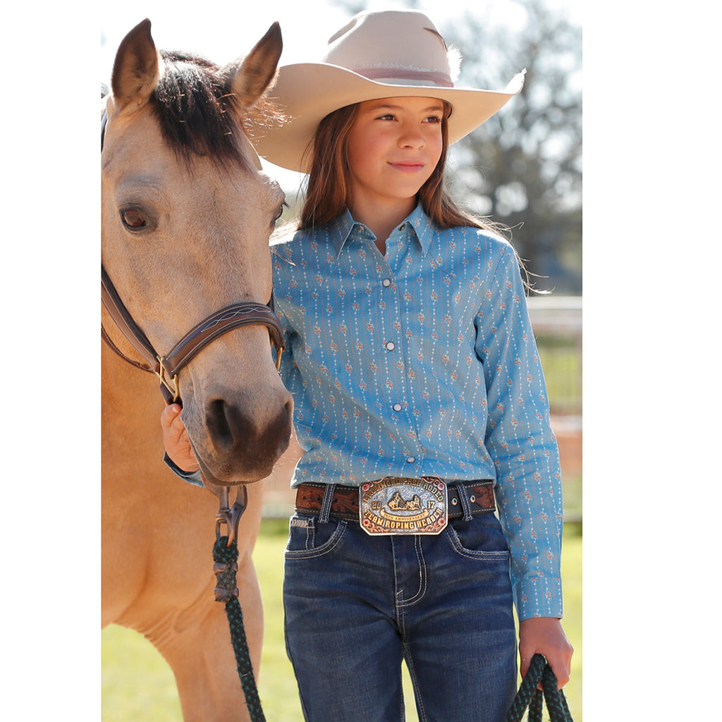 Blue long sleeve with white and orange flower vertical stripe design.