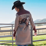 Cruel Denim Women's Sweater Knit Midi Duster back view with bronc ider