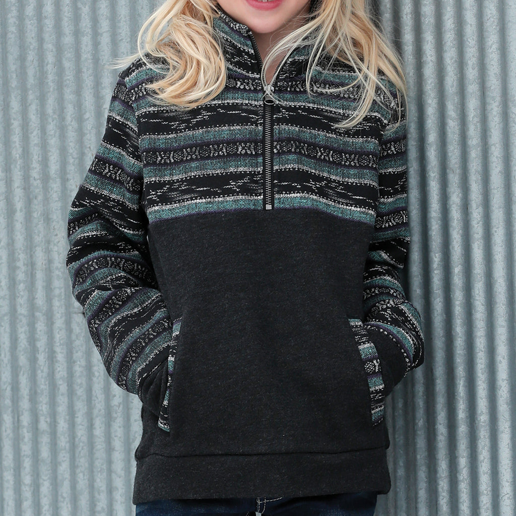 Cruel Girl Kids Black & Turquoise Striped 1/2 Zip Fleece