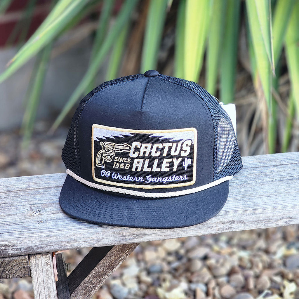 Gangster Patch, Black Cactus Alley Cap, meshing on back with Snap back closure 
