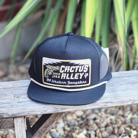 Gangster Patch, Black Cactus Alley Cap, meshing on back with Snap back closure 