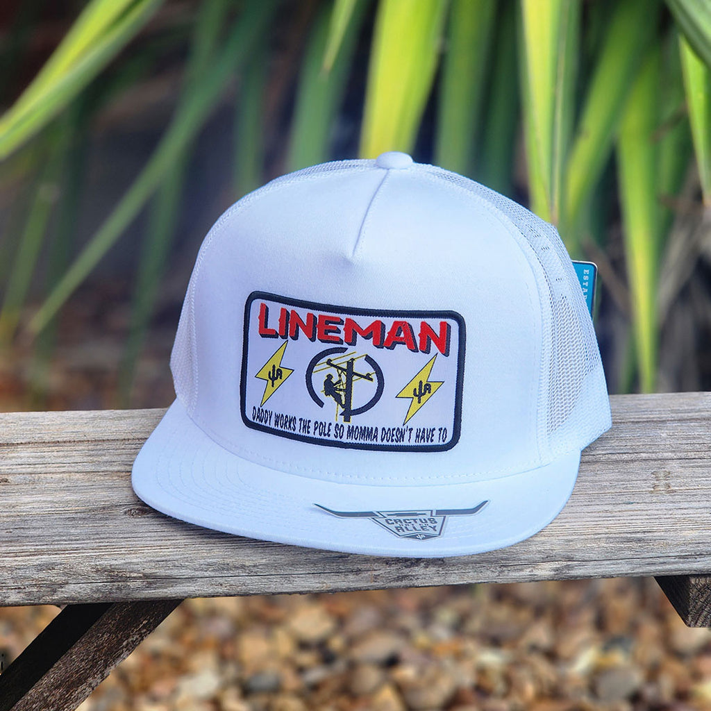 White with a lineman patch, flat bill, adjustable back, mesh backing 