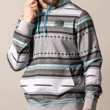 Grey and blue striped hoodie with a button necktie.