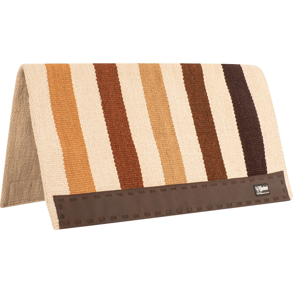 Saddle pad with tan and brown stripes and a dark brown leather 