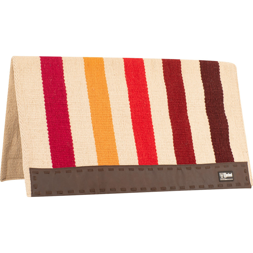 saddle pad with shades of red stripes and one yellow stripe, with a dark brown leather border 