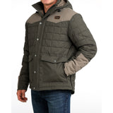 Green men's barn coat with hood attached 