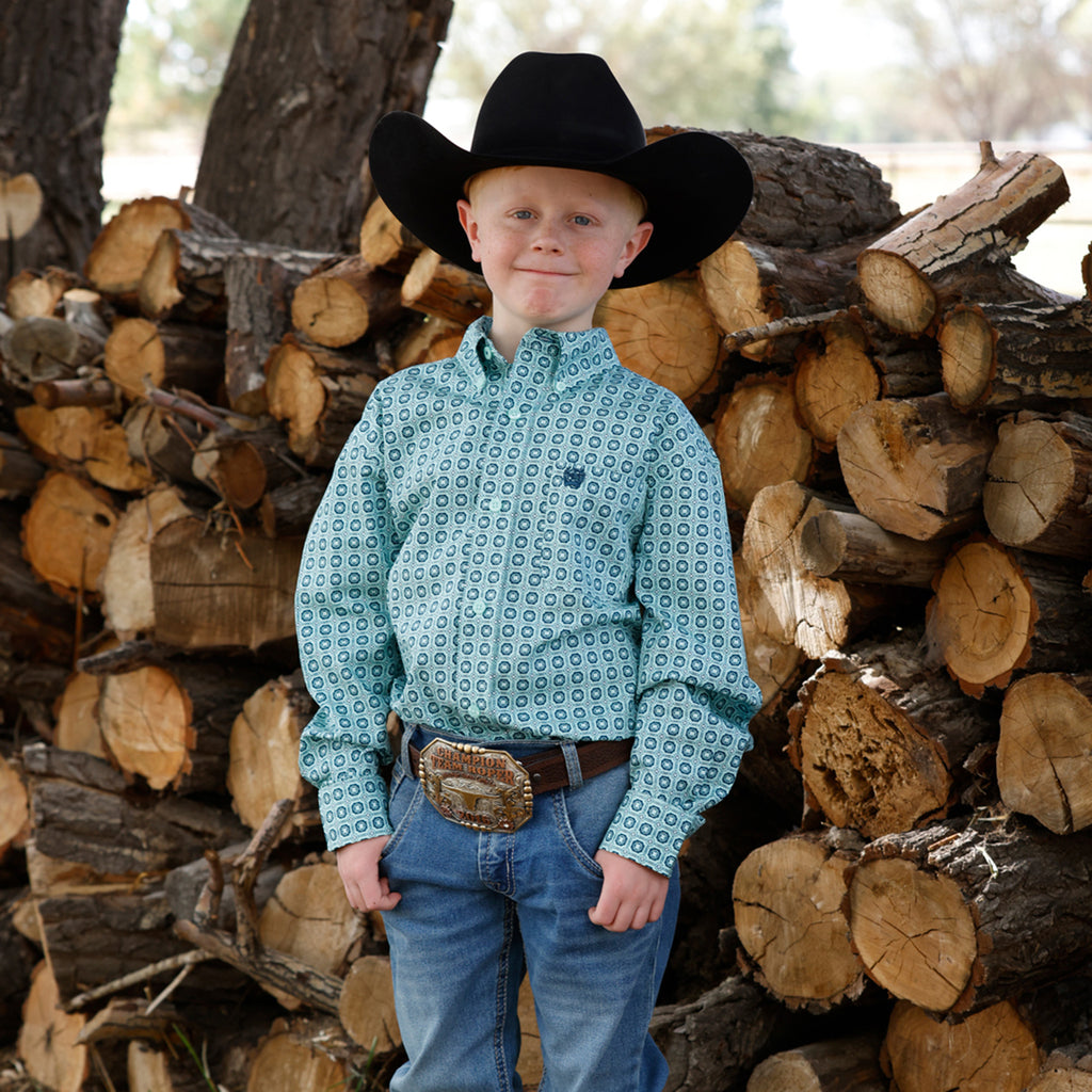 turquoise boys long sleeve button down, cinch brand, left chest pocket with logo 