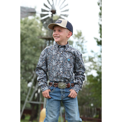 Blue, Black Gray paisley print long sleeve shirt, cinch boys 