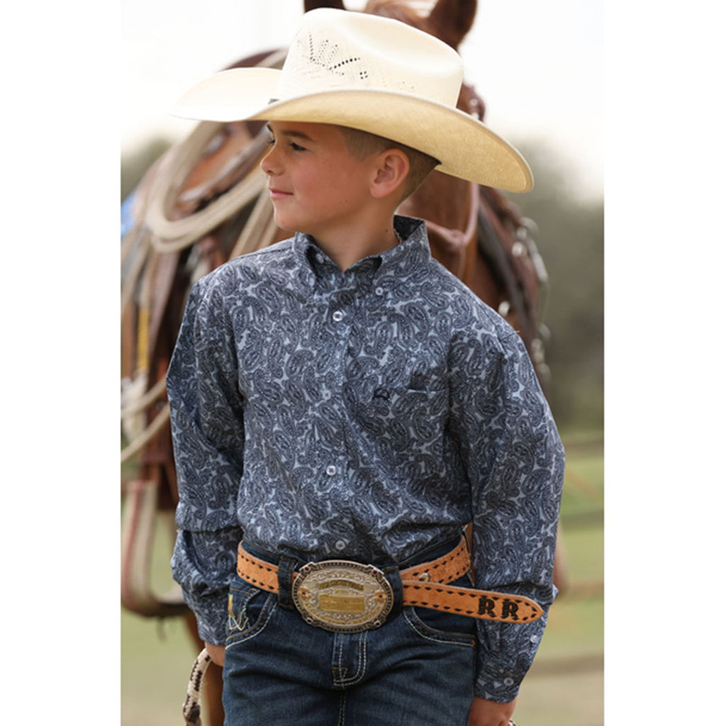 Navy Print, Long Sleeve Button Down, Cinch 