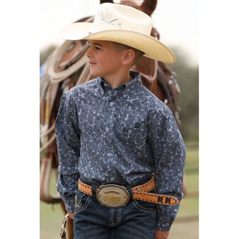 Navy Print, Long Sleeve Button Down, Cinch 