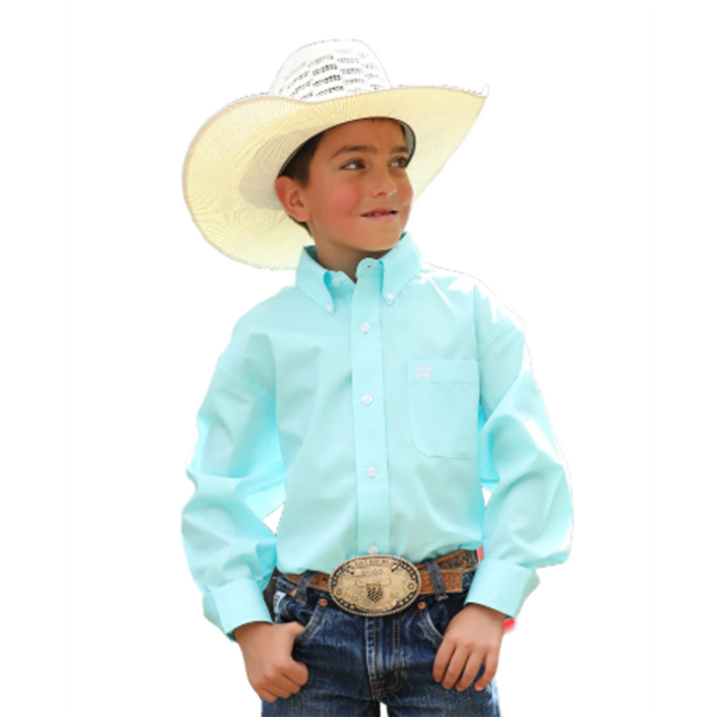 Button down, long sleeve solid turquoise cinch shirt 
